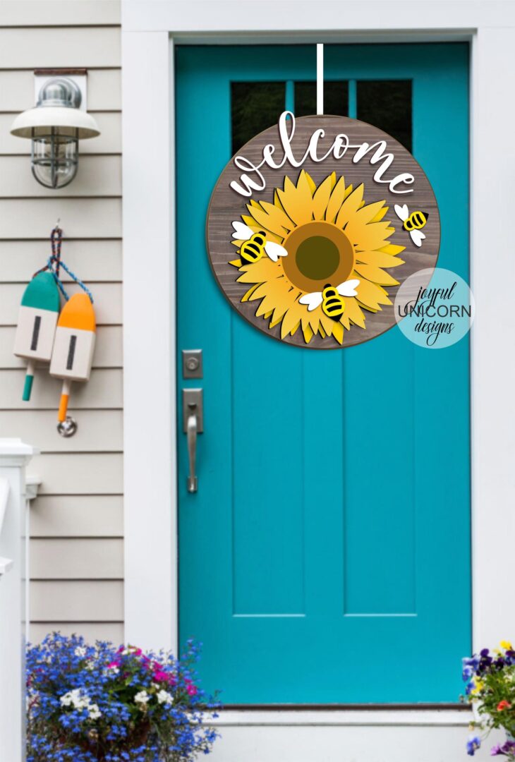 Sunflower Welcome Sign SVG, Summer Door Hanger SVG, Bee Wood Round Sign, Glowforge and Cricut Ready File, Laser Cut File, Front Door Sign - Image 2