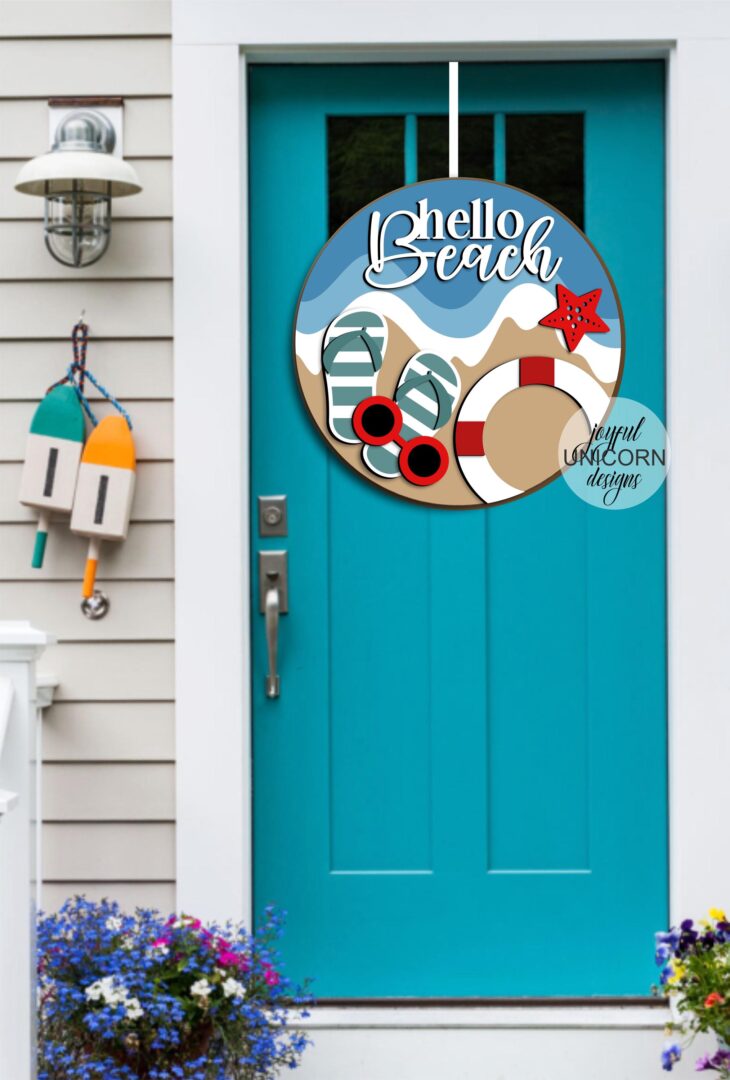 Hello Beach Door Hanger SVG, Summer Beach Wood Round Sign, Summer Laser Cut File, Beach House Welcome Sign, Glowforge and Cricut Ready File - Image 2