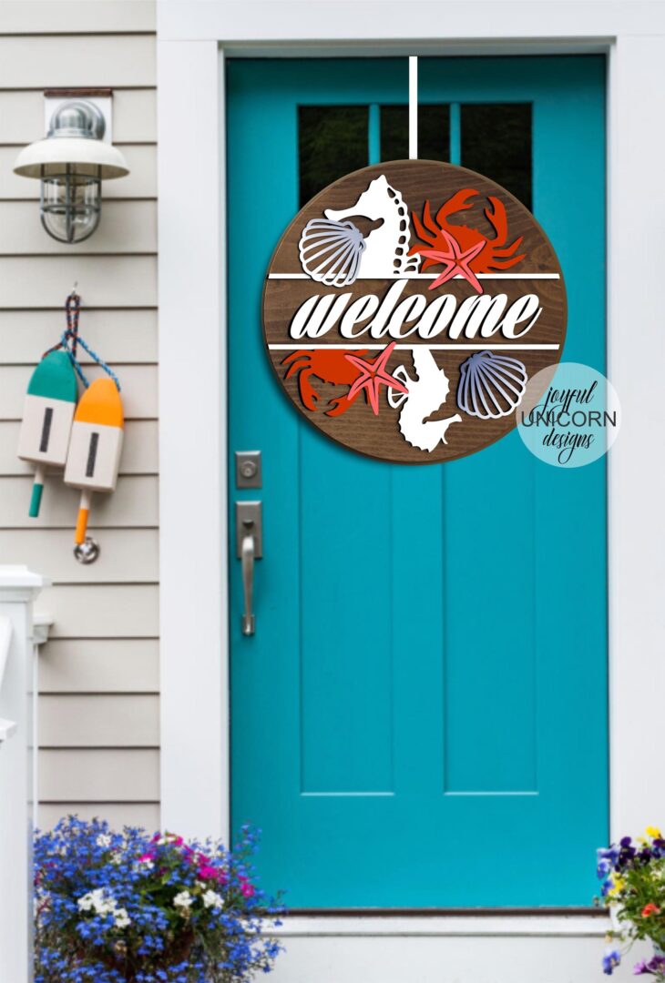 Beach House Welcome Sign SVG, Nautical Door Hanger SVG, Ocean Animals Wood Round Sign, Glowforge and Cricut Ready File, Summer Door Decor - Image 2