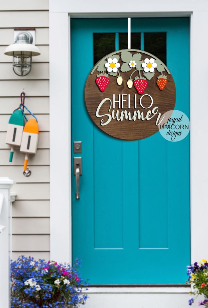 Hello Summer Wood Round Sign SVG, Strawberry Welcome Sign SVG, Summer Laser Cut File, Glowforge and Cricut Ready File, Front Door Decor - Image 2