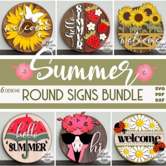 Summer Wood Round Signs SVG Bundle, Summer Door Hangers, Glowforge and Cricut Ready Files, Laser Cut Files, Summer Door Decorations SVG