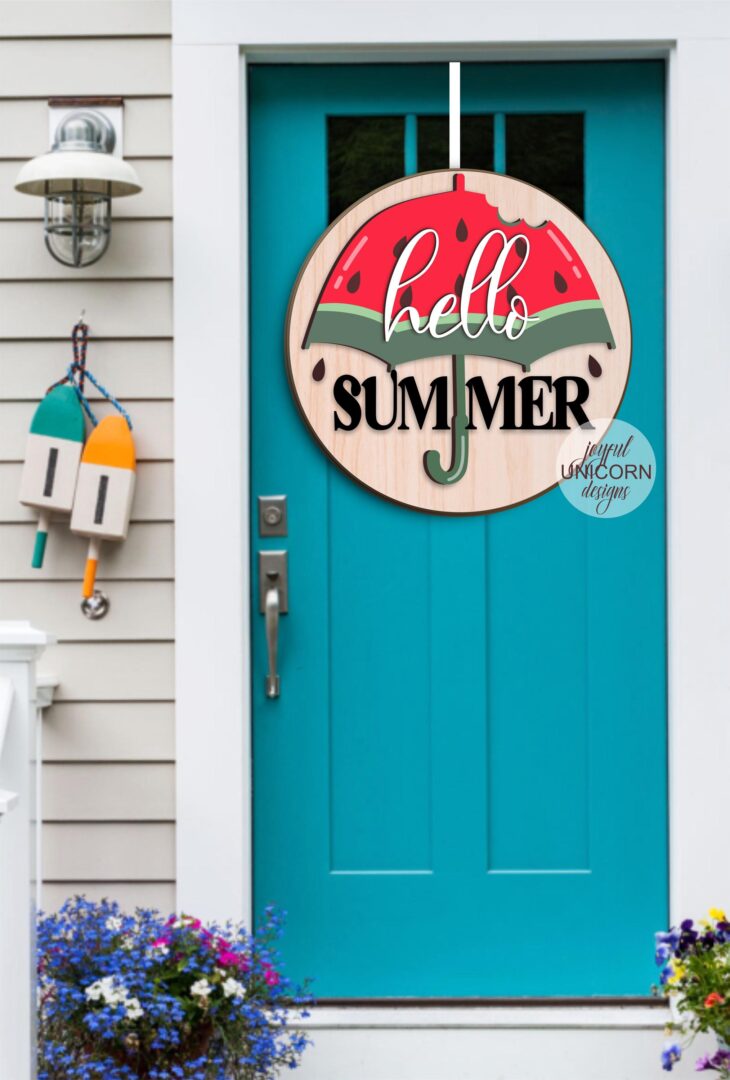 Hello Summer Door Hanger SVG, Summer Watermelon Sign SVG, Glowforge and Cricut Ready File, Watermelon Umbrella SVG, Summer Laser Cut File - Image 2