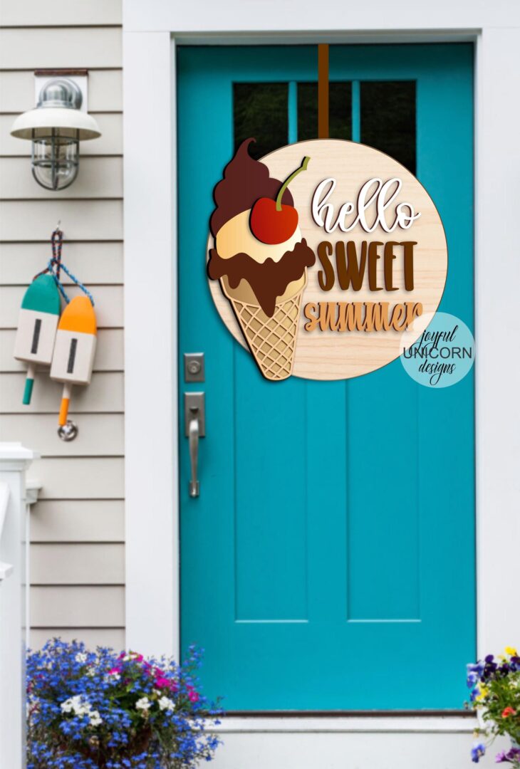 Hello Sweet Summer Sign SVG, Ice Cream Cone SVG, Summer Door Hanger SVG, Glowforge Ready File, Summer Front Door Sign, Laser Cut File - Image 2