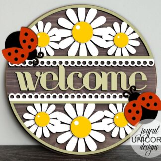 Daisies Welcome Round Sign SVG, Summer Door Hanger SVG, Ladybug Welcome Sign, Glowforge and Cricut Ready File, Summer Layered Cut File