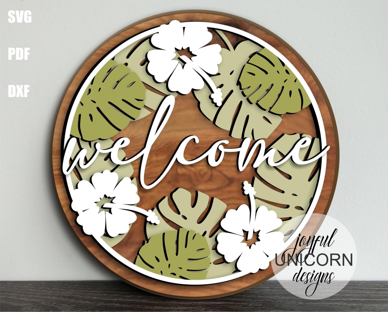 Tropical Flowers Welcome Sign SVG, Tropical Leaves Door Hanger SVG, Glowforge and Cricut Ready File, Summer Laser Cut File, Wood Round Sign