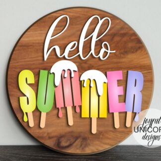 Hello Summer Wood Round Sign SVG, Ice Cream Door Hanger SVG, Sweet Summer Decor, Glowforge and Cricut File, Laser Cut File, Summer Cut File