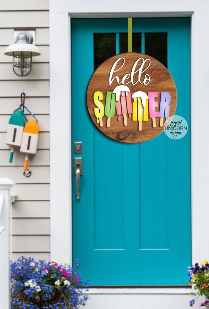Hello Summer Wood Round Sign SVG, Ice Cream Door Hanger SVG, Sweet Summer Decor, Glowforge and Cricut File, Laser Cut File, Summer Cut File - Image 2