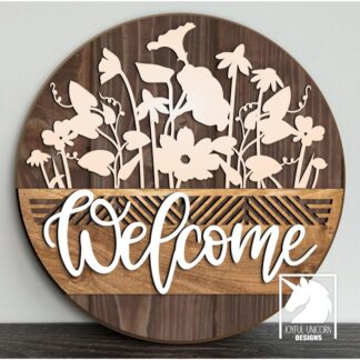 Wildflowers Welcome Door Hanger SVG | Farmhouse Round Sign | Layered Laser Cut File for Glowforge, Xtool, Cricut | Digital Download File
