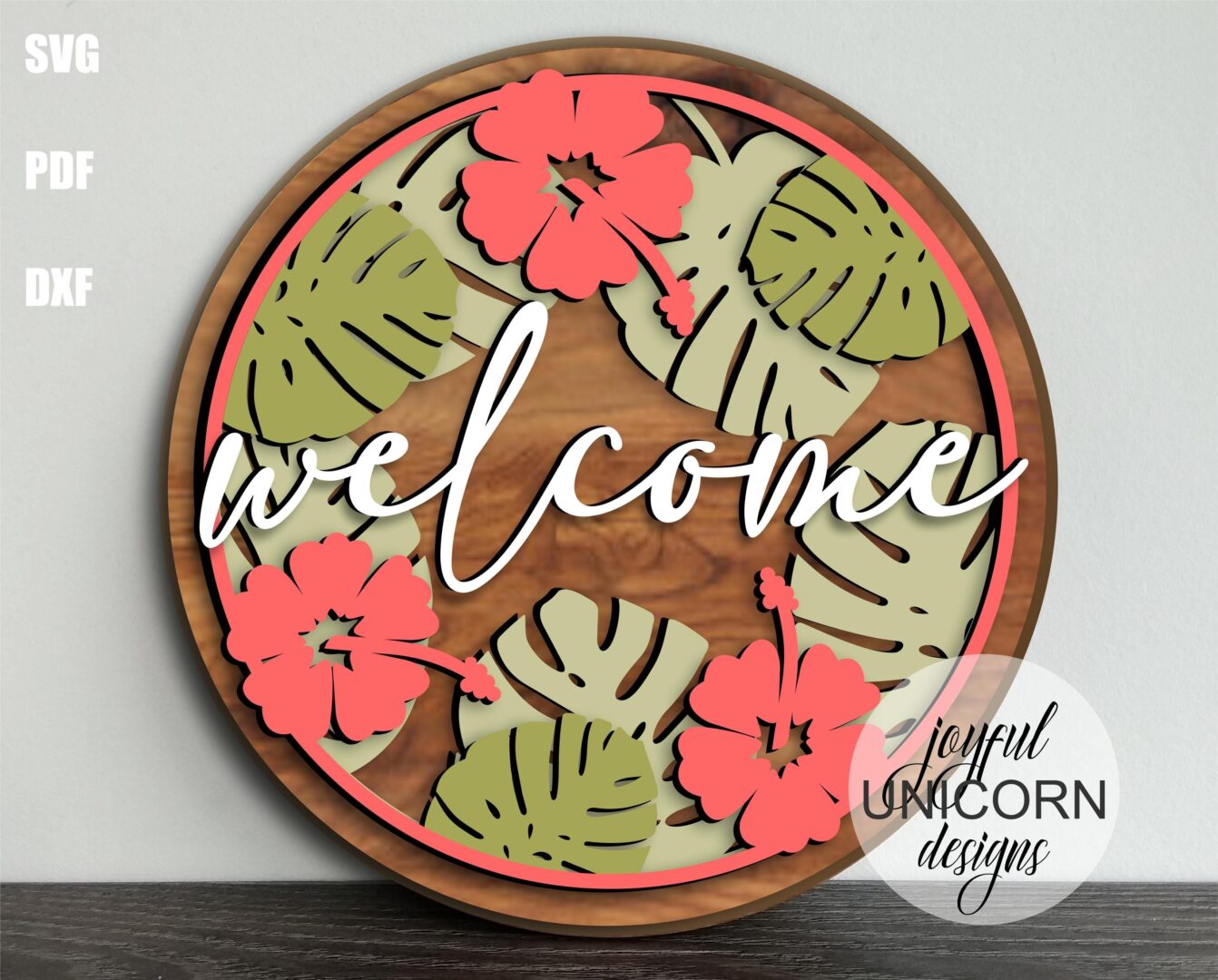 Tropical Flowers Welcome Sign SVG, Tropical Leaves Door Hanger SVG, Glowforge and Cricut Ready File, Summer Laser Cut File, Wood Round Sign - Image 3
