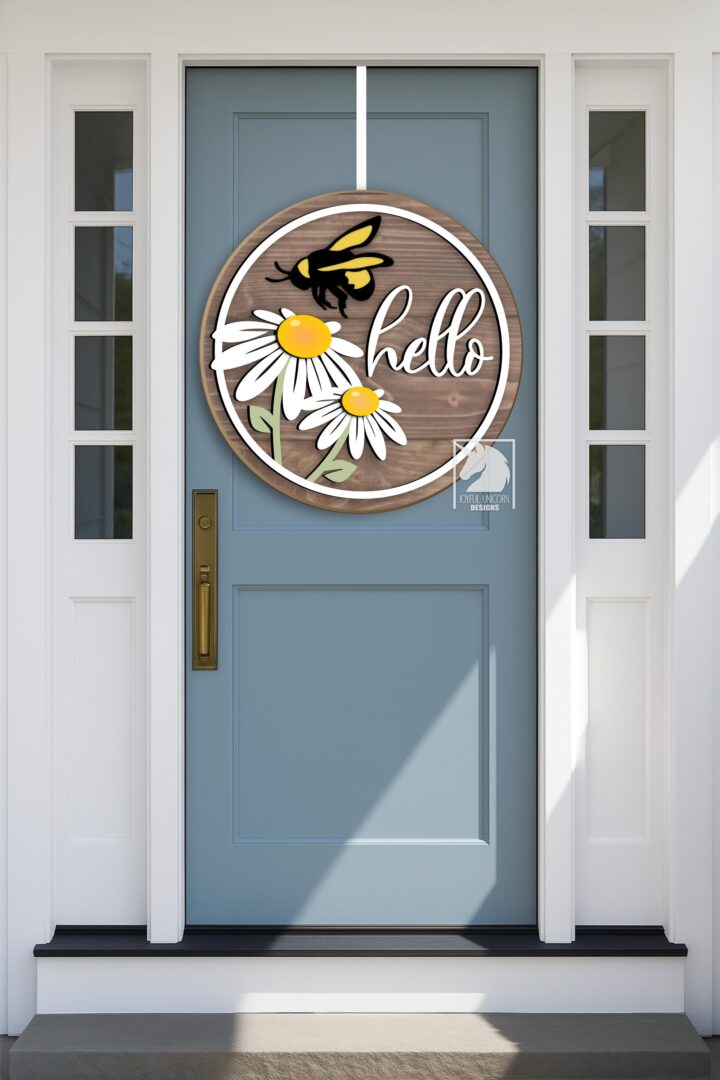 Hello Spring Round Sign SVG, Daisy Door Hanger SVG, Bee Door Hanger SVG, Glowforge Ready File, Wood Round Sign, Laser Cut File - Image 2