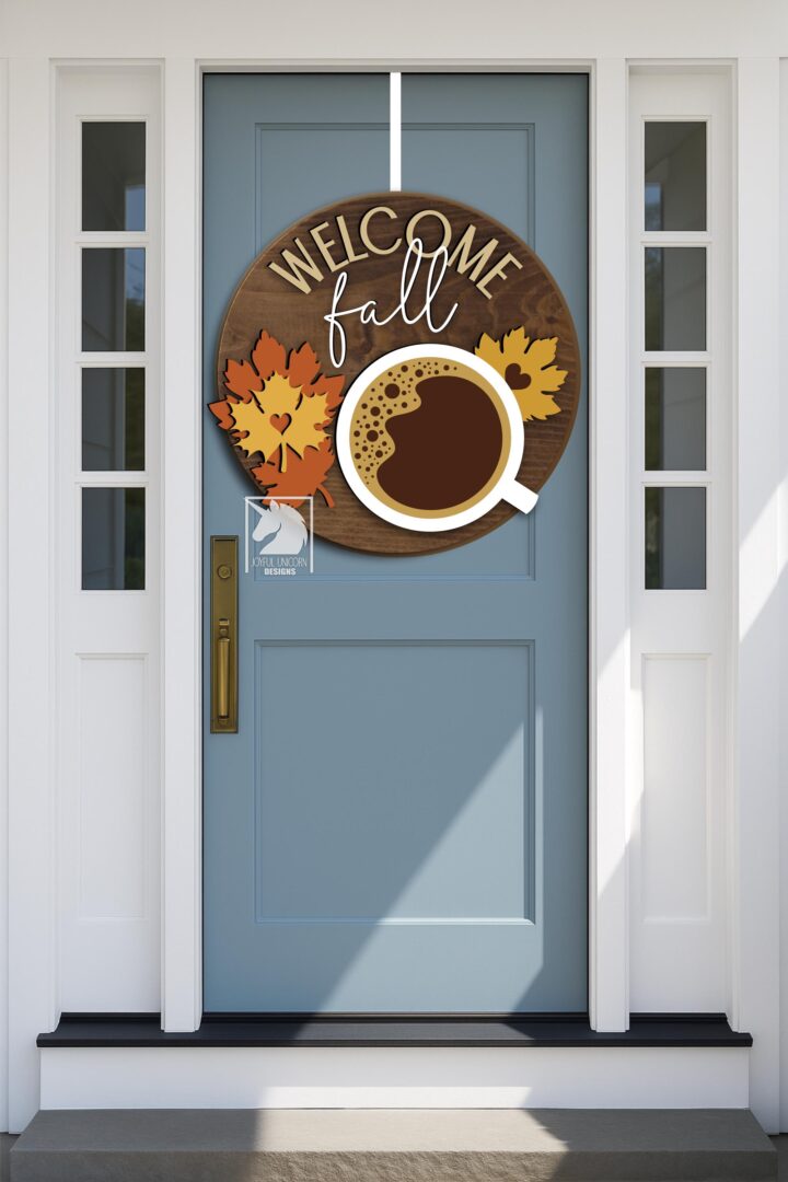 Welcome Fall Door Hanger SVG Cozy Autumn Wood Round SVG Glowforge Cricut Ready File Coffee Lover Sign Laser Cut File Maple Leaves Sign - Image 2