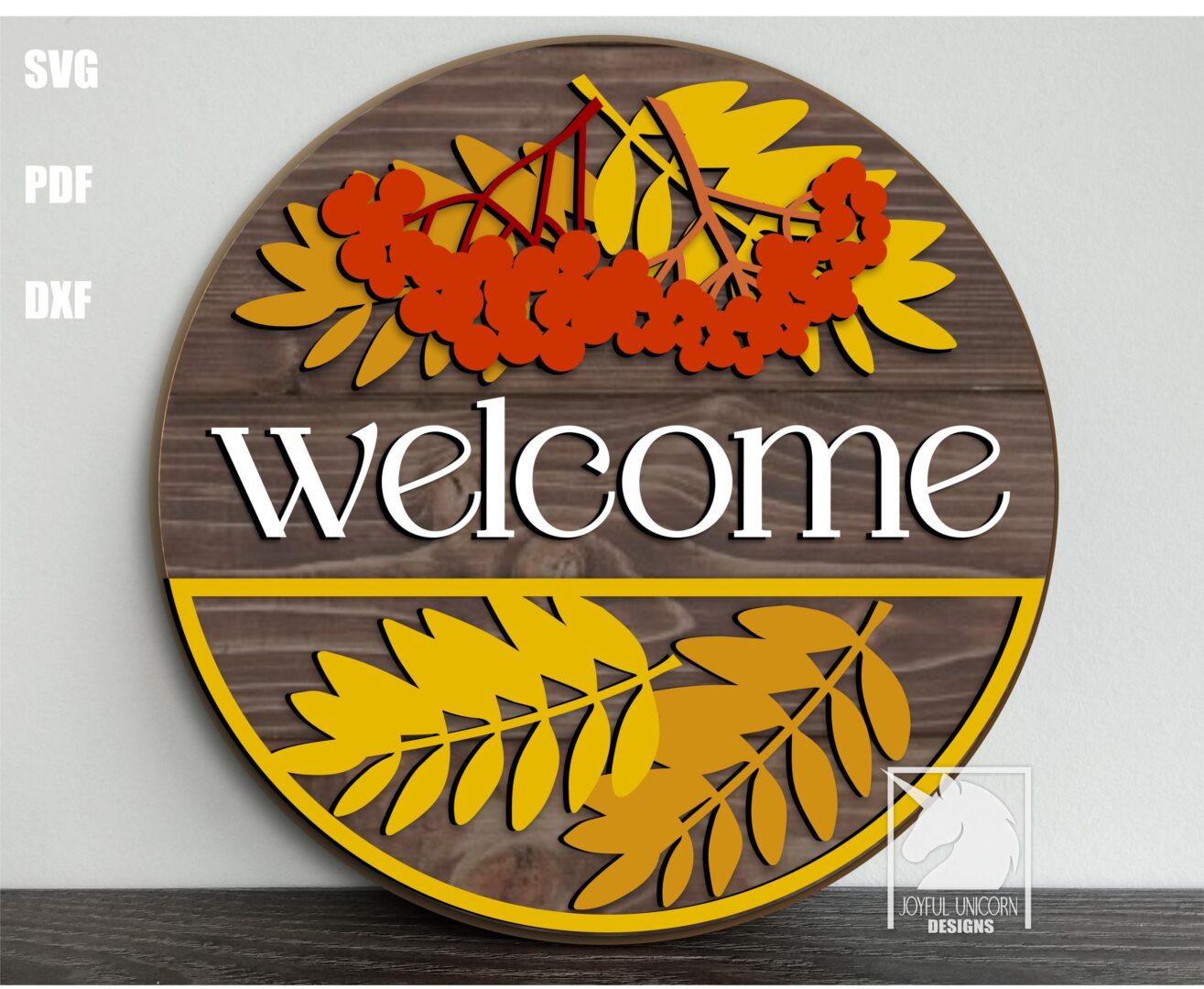 Welcome Sign SVG with Berries & Leaves Fall Door Hanger Laser Cut Round Sign Digital Download Autumn Front Door Decor SVG Glowforge File