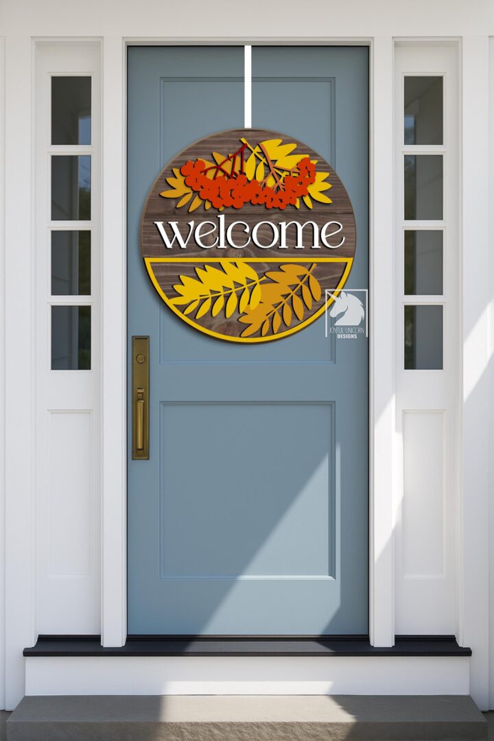 Welcome Sign SVG with Berries & Leaves Fall Door Hanger Laser Cut Round Sign Digital Download Autumn Front Door Decor SVG Glowforge File - Image 2
