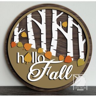 Hello Fall Birch Tree Sign SVG Autumn Forest Door Hanger Glowforge Cricut CNC Ready File Autumn Front Door Decor Laser Cut File