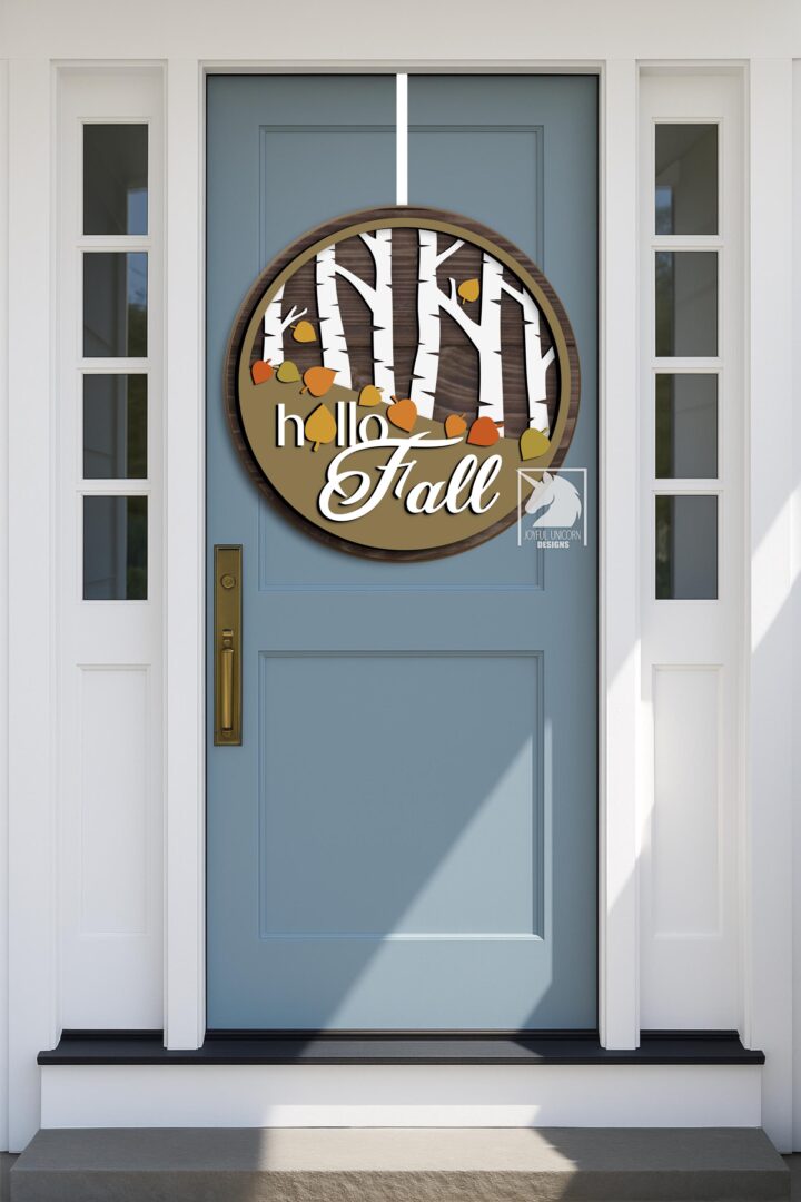 Hello Fall Birch Tree Sign SVG Autumn Forest Door Hanger Glowforge Cricut CNC Ready File Autumn Front Door Decor Laser Cut File - Image 2
