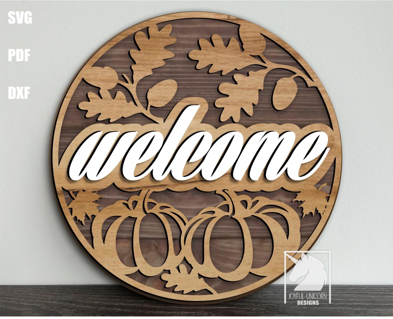 Welcome Fall Sign SVG Acorn & Pumpkin Door Hanger Rustic Autumn Laser Cut Round Sign Digital Download File Fall Front Door Sign SVG