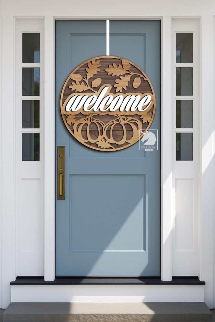 Welcome Fall Sign SVG Acorn & Pumpkin Door Hanger Rustic Autumn Laser Cut Round Sign Digital Download File Fall Front Door Sign SVG - Image 2