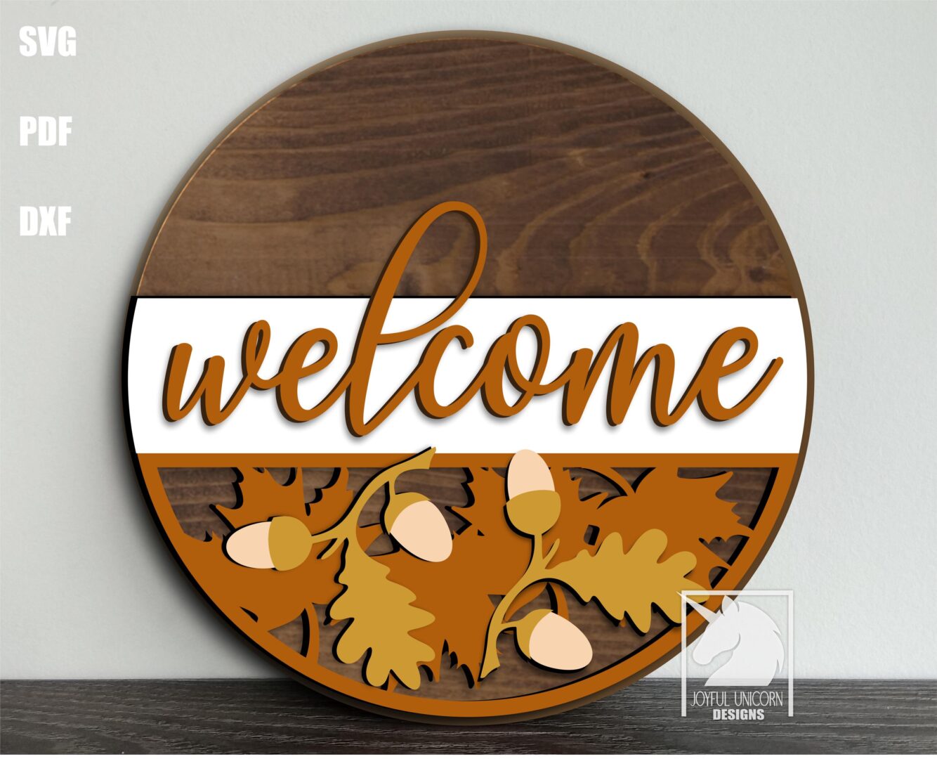 Welcome Fall Door Hanger SVG Autumn Round Sign Laser Cut File Oak Leaf and Acorn Digital Download Farmhouse Porch Decor PDF DXF Included