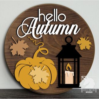 Hello Autumn Door Hanger SVG Fall Pumpkin Lantern Sign Laser Cut File Layered Round Design for Glowforge & XTool Digital Download PDF DXF
