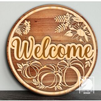 Welcome Door Hanger SVG Fall Floral Pumpkin Round Sign Laser Cut File Autumn Porch Decor Digital Download PDF DXF for Glowforge & XTool