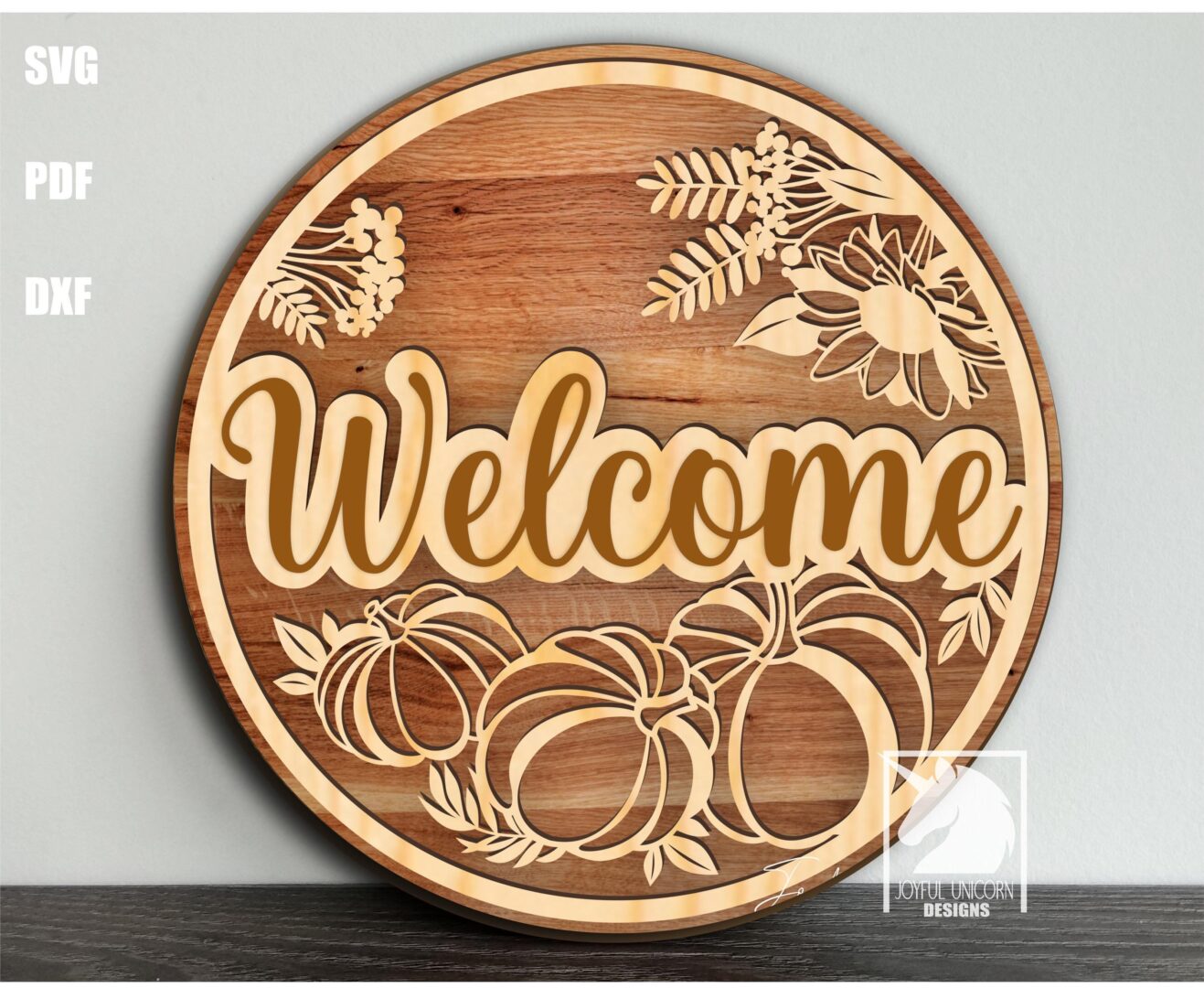 Welcome Door Hanger SVG Fall Floral Pumpkin Round Sign Laser Cut File Autumn Porch Decor Digital Download PDF DXF for Glowforge & XTool