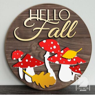Hello Fall Door Hanger SVG Red Mushroom Autumn Round Sign Laser Cut File Whimsical Woodland Fall Decor Digital Download PDF DXF