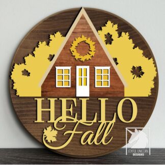 Hello Fall Door Hanger SVG Autumn Cabin Round Sign Laser Cut File Cozy Fall Home Decor Digital Download for Glowforge XTool Cricut