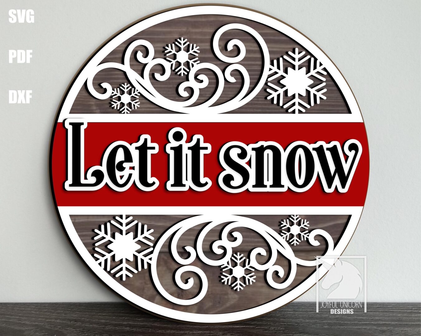 Let It Snow Sign SVG Winter Snowflake Door Hanger Laser Cut File Holiday Round Sign for Glowforge XTool Cricut PDF DXF Download