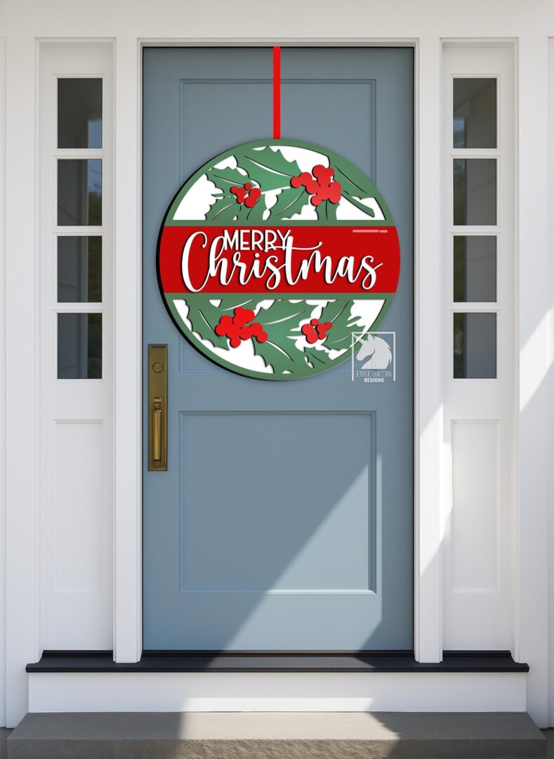Merry Christmas Sign SVG Christmas Holly Door Hanger SVG Mistletoe Welcome Sign Round Sign for Glowforge XTool Cricut Holiday DXF File - Image 2