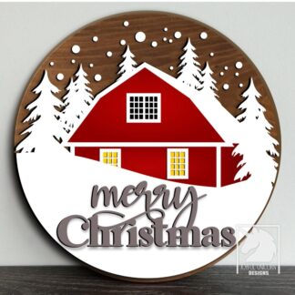 Merry Christmas Cabin SVG Winter Barn Door Hanger Laser Cut File Snow Scene Round Sign for Glowforge XTool Cricut Christmas Front Door Decor