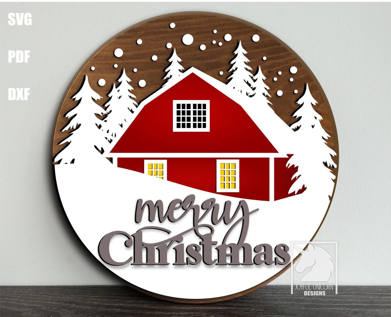 Merry Christmas Cabin SVG Winter Barn Door Hanger Laser Cut File Snow Scene Round Sign for Glowforge XTool Cricut Christmas Front Door Decor