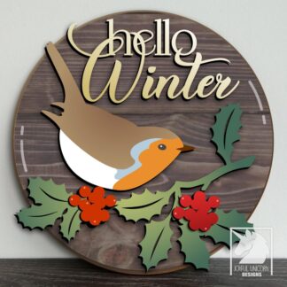 Hello Winter Round Sign SVG Robin Bird Door Hanger Laser Cut File Christmas Welcome Sign DXF Digital Download for Glowforge XTool Cricut