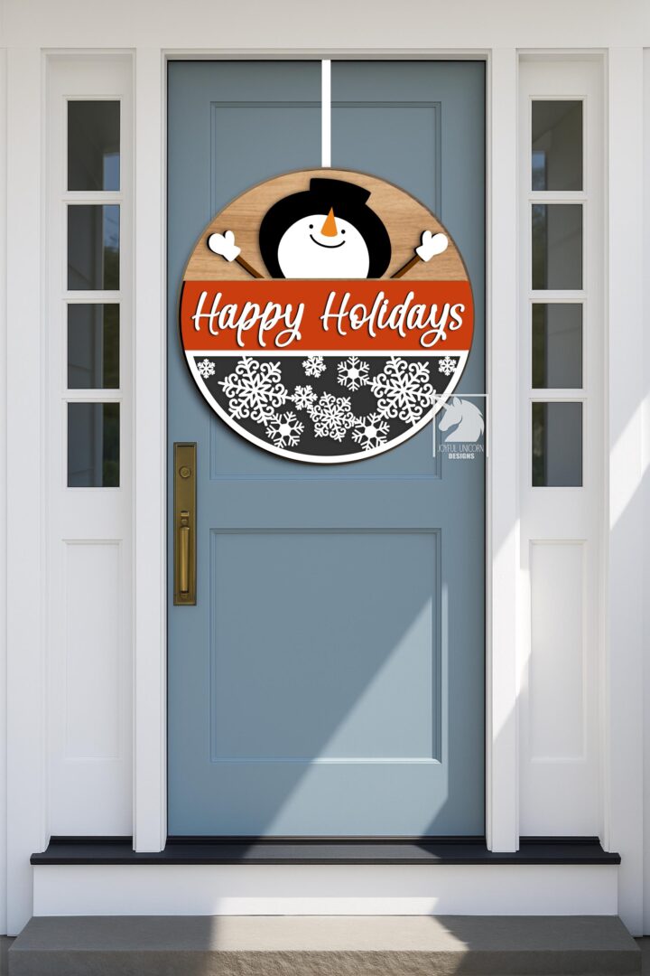 Happy Holidays Snowman SVG Winter Door Hanger Laser Cut File Christmas Round Sign with Snowflakes PDF DXF for Glowforge Cricut XTool - Image 2