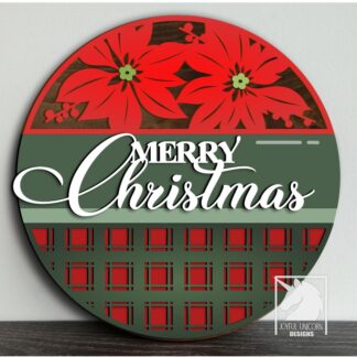 Merry Christmas Round Welcome Sign SVG Poinsettia Door Hanger SVG Laser Cut File for Glowforge Xtool Cricut Floral Christmas Door Decor