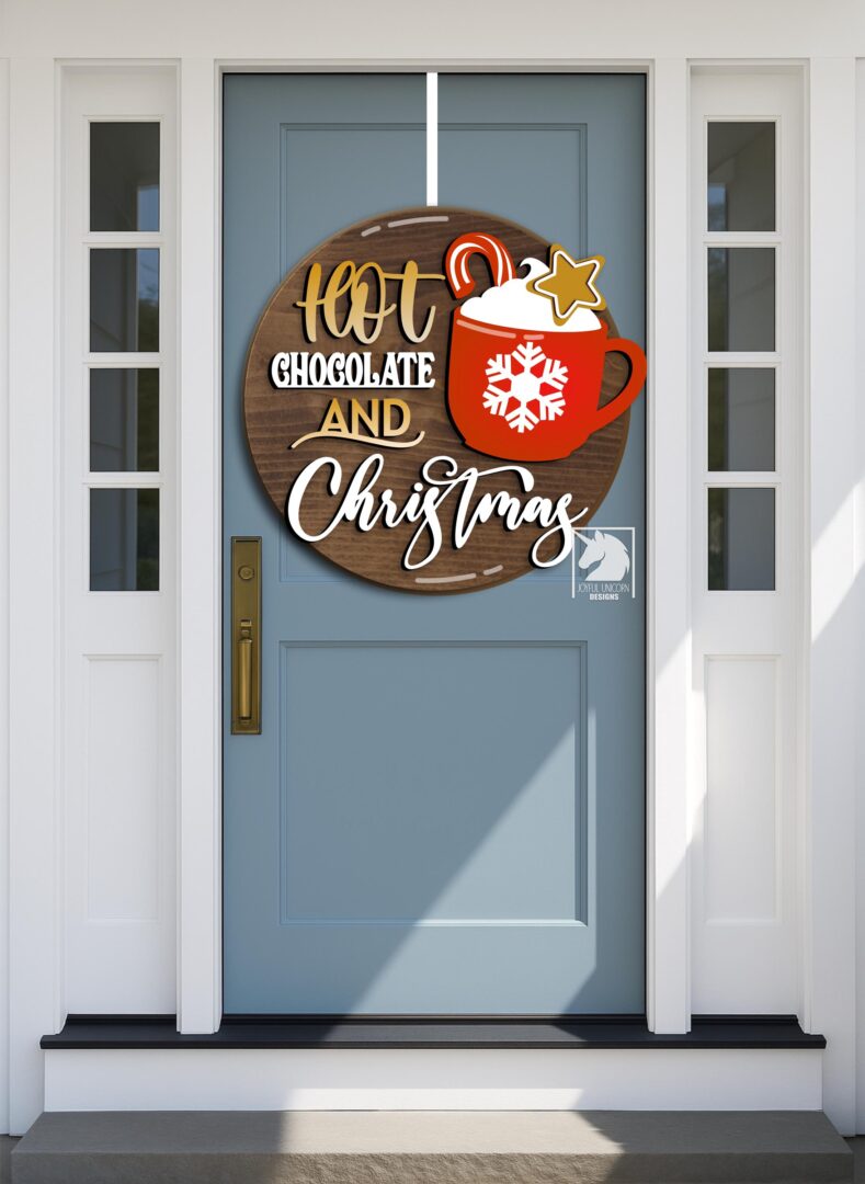 Hot Chocolate and Christmas Wood Round SVG Christmas Mug Door Hanger SVG Winter Holiday Welcome Sign SVG Glowforge Xtool Cricut Ready Files - Image 2