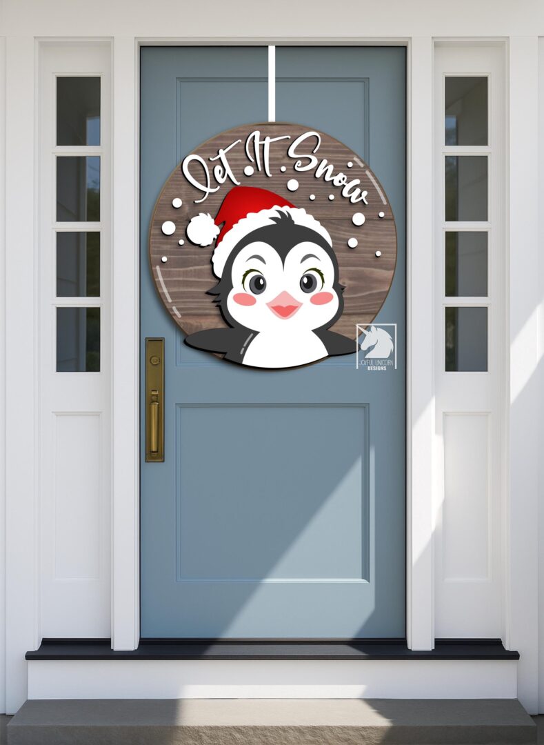 Let It Snow Penguin SVG Cute Christmas Round Sign Laser Cut File Winter Holiday Penguin Door Hanger DXF Glowforge Cricut Xtool File - Image 2