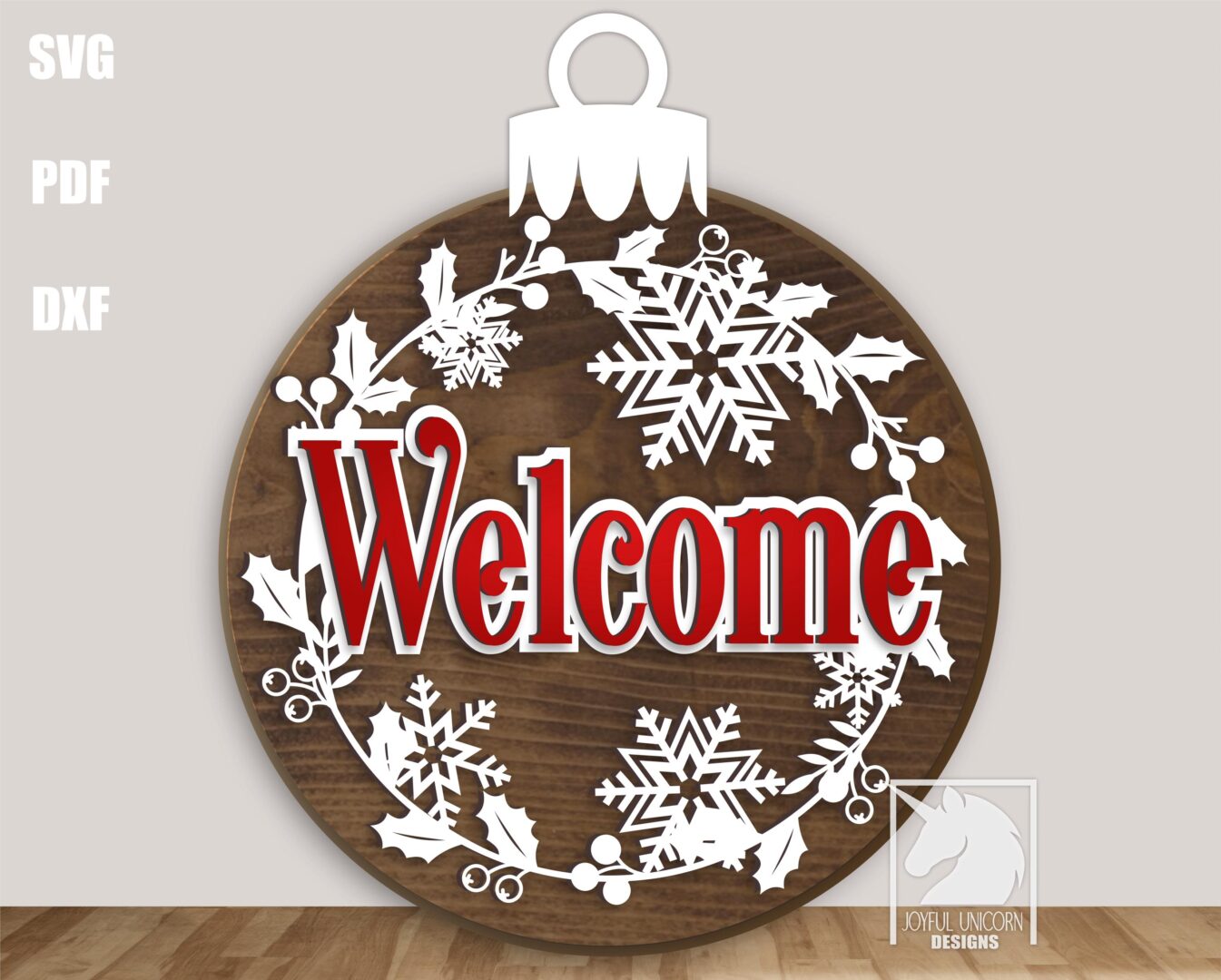Christmas Ball Welcome Sign SVG Holly Berry Wreath Sign Winter Holiday Door Hanger SVG Glowforge Xtool Cricut Ready files Front Door Decor