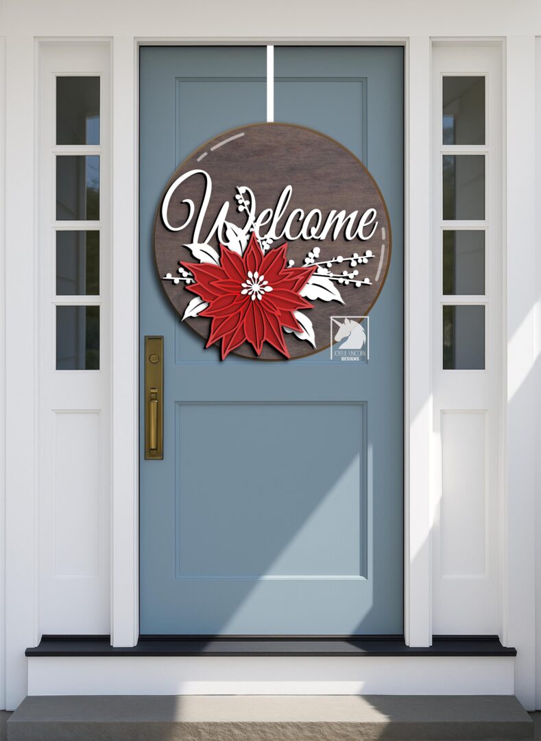 Poinsettia Welcome Sign SVG Christmas Round Door Hanger Laser Cut File Holiday Floral Sign DXF for Cricut Xtool Glowforge Digital Download - Image 2