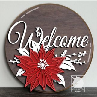 Poinsettia Welcome Sign SVG Christmas Round Door Hanger Laser Cut File Holiday Floral Sign DXF for Cricut Xtool Glowforge Digital Download