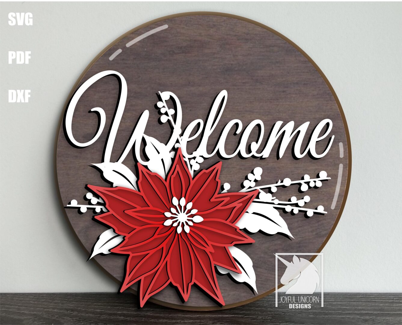 Poinsettia Welcome Sign SVG Christmas Round Door Hanger Laser Cut File Holiday Floral Sign DXF for Cricut Xtool Glowforge Digital Download