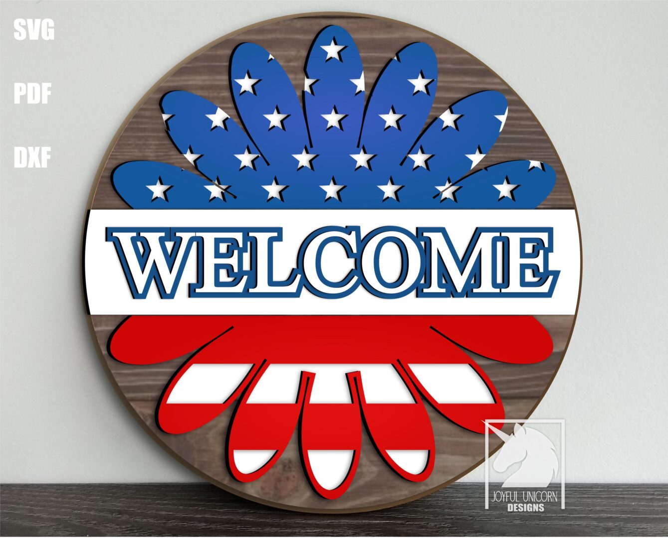 4th Of July Daisy Welcome Sign SVG Stars and Stripes Door Hanger SVG Laser Cut File Round Wood Sign Glowforge Xtool Cricut Ready File