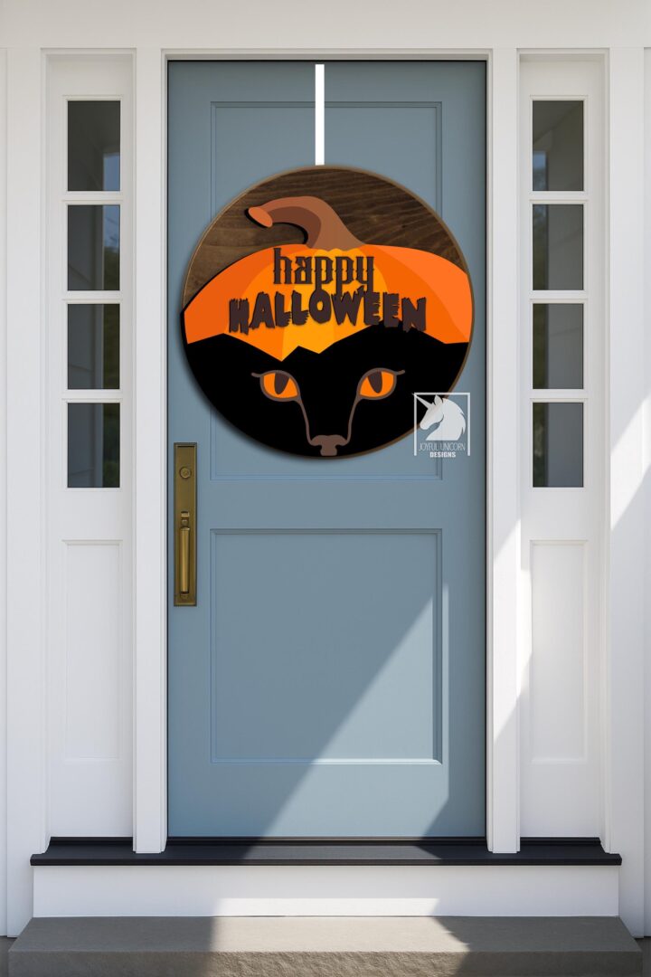 Happy Halloween Wood Round SVG Pumpkin Cat Head Door Hanger SVG Halloween Black Cat Front Door Sign SVG Glowforge Xtool Cricut Ready Files - Image 2