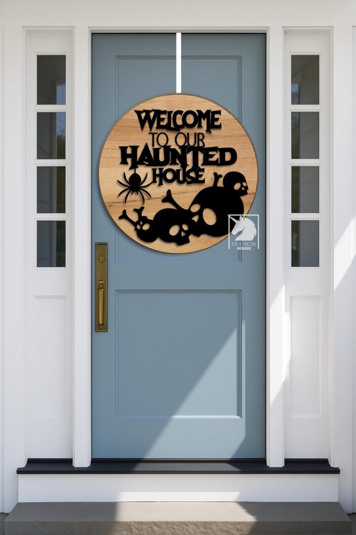Welcome to Our Haunted House Wood Sign SVG Skull Door Hanger SVG Glowforge Xtool Cricut Ready Files Halloween Front Door Sign SVG - Image 2
