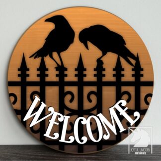 Raven Welcome Sign SVG Spooky Fence Halloween Door Hanger DXF Crow Silhouette Laser Cut File Digital Download for Glowforge Xtool Cricut