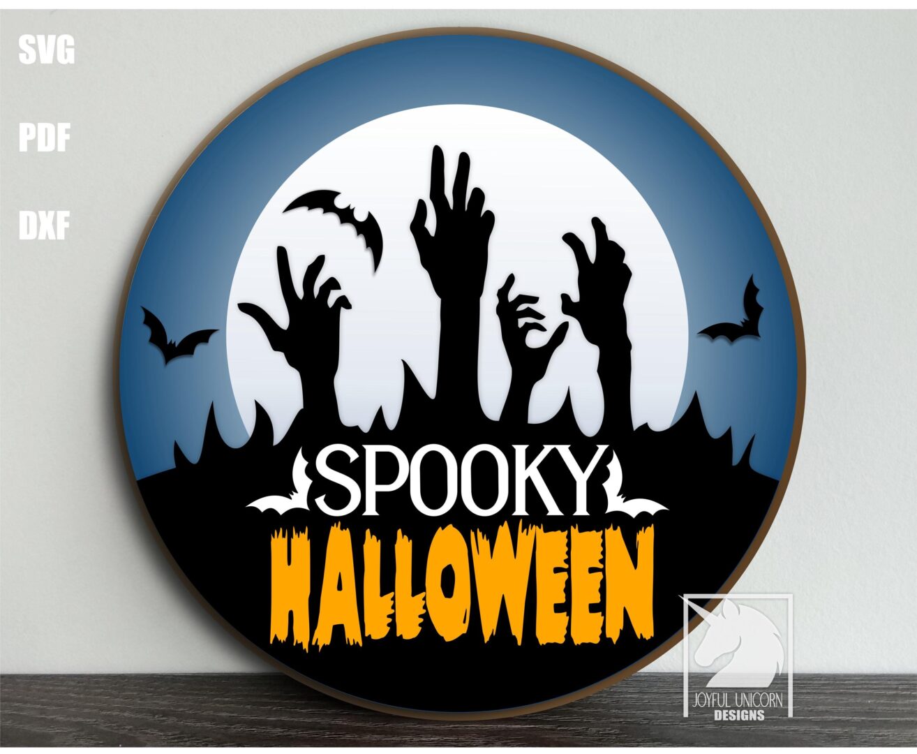 Spooky Halloween SVG Zombie Hands Round Door Hanger DXF Bat and Moon Laser Cut File Digital Download for Cricut Xtool Glowforge