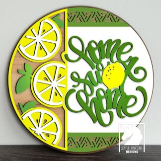 Home Sweet Home Door Hanger SVG, Lemon Welcome Sign SVG, Citrus Fruit Wood Round Sign, Glowforge, Crucit and CNC Ready File, Summer Sign
