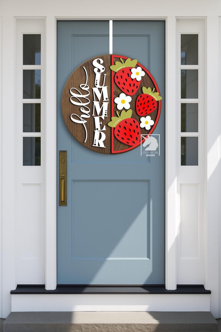 Hello Summer Door Hanger SVG, Sweet Strawberry Welcome Sign, Glowforge and Cricut Ready Files, Summer Laser Cut File, Front Door Decor SVG - Image 2