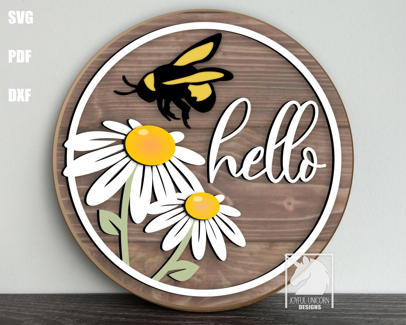 Hello Spring Round Sign SVG, Daisy Door Hanger SVG, Bee Door Hanger SVG, Glowforge Ready File, Wood Round Sign, Laser Cut File