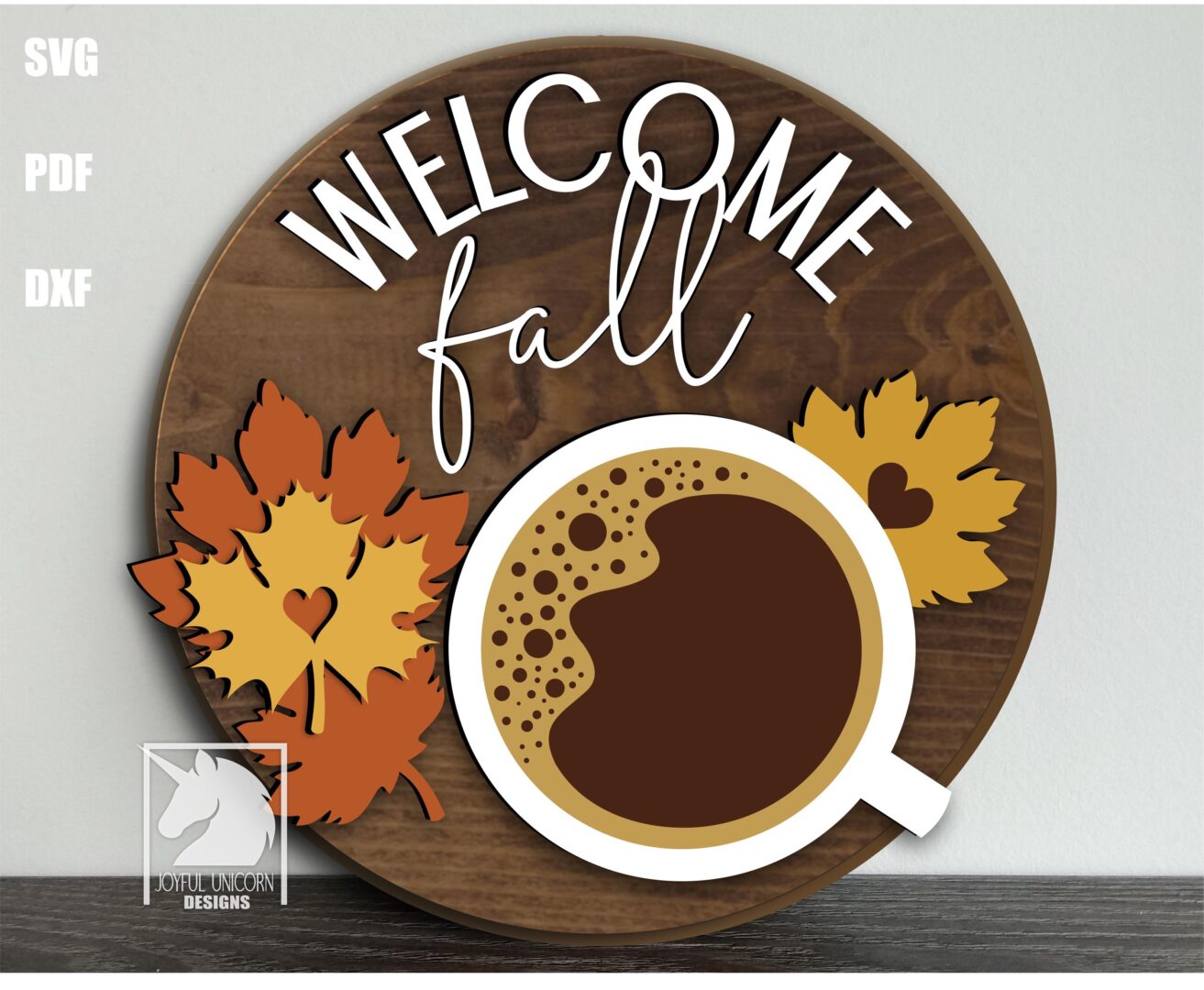 Welcome Fall Door Hanger SVG Cozy Autumn Wood Round SVG Glowforge Cricut Ready File Coffee Lover Sign Laser Cut File Maple Leaves Sign
