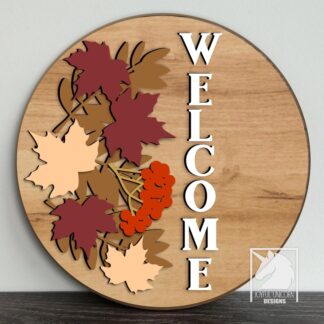 Fall Welcome Sign SVG Vertical Text Door Hanger with Autumn Leaves & Berries Laser Cut File Digital Download Glowforge SVG File Fall Decor